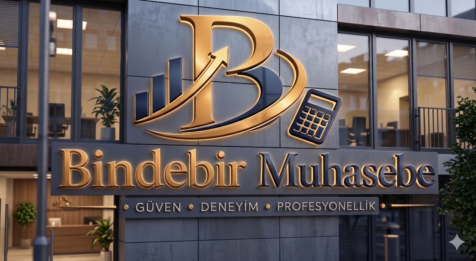 Bindebir Muhasebe için lacivert ve altın renkli tabela tasarımı